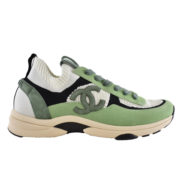 CHANEL Other - Chanel 22C Mens Green White Black Suede Knit CC Logo Low Trainer Sneaker 44 11